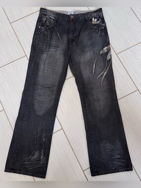 Vintage Angelino Embroidered Jeans Men's 40x34 Distressed Straight Dark Wash